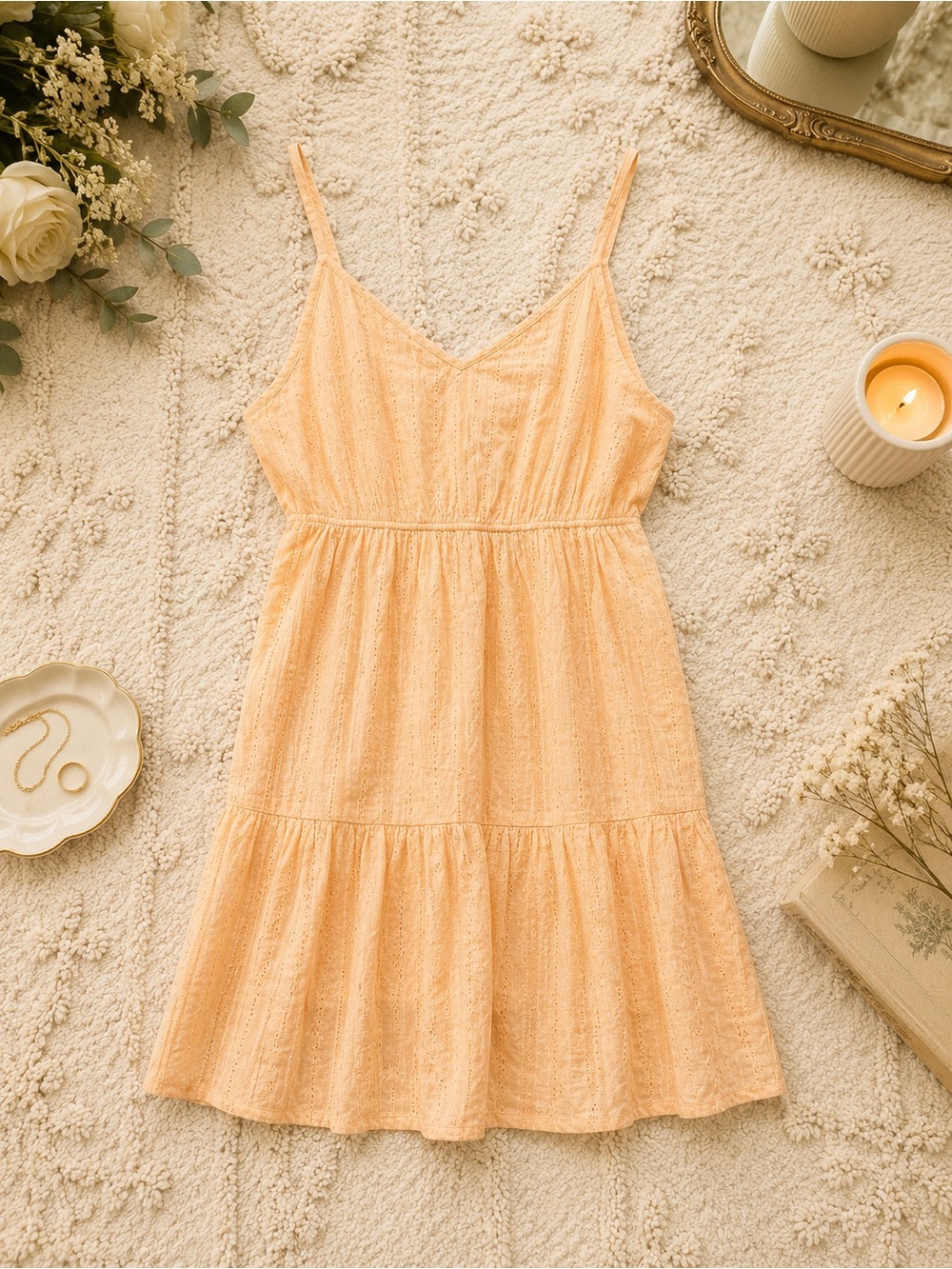 SO Peach Eyelet Tiered Spaghetti-Strap Midi Dress